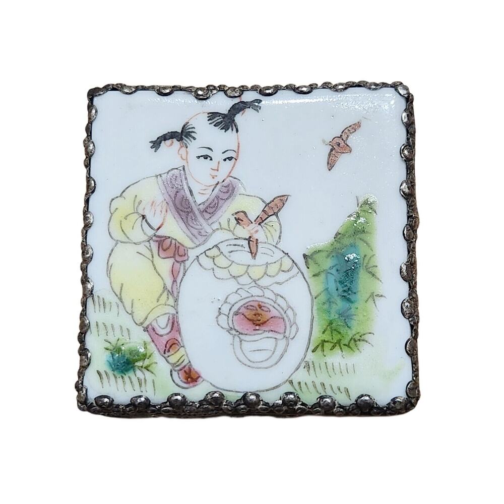 Vtg Asian Trinket Pill Snuff Box Porcelain Lid Hand Painted 2.5" Child Red Birds